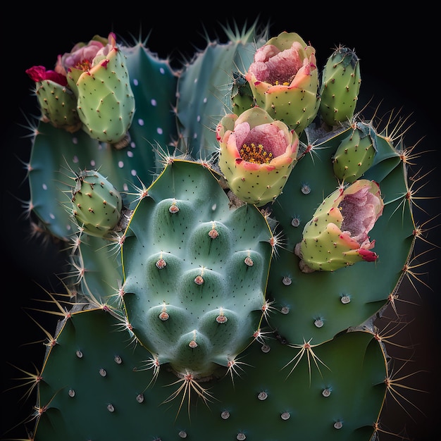 Cactus con fiori rosa e foglie verdi