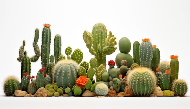 Cactus con le loro forme e consistenze uniche sullo sfondo bianco