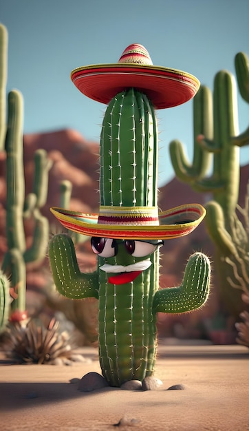 Cactus con un cappello sombrero messicano 3D