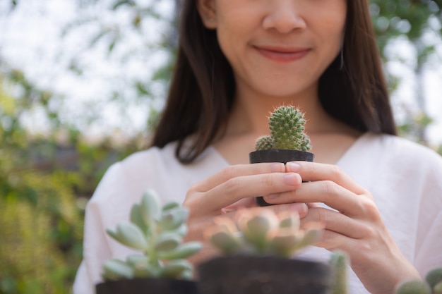 Cactus della tenuta della donna in giardino a casa