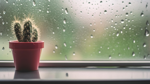 Cactus dietro gocce d'acqua di pioggia sul vetro di una finestra