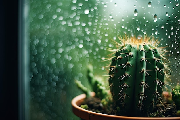 Cactus dietro le gocce di pioggia su una finestra