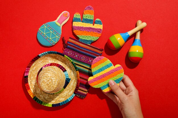 Cactus e sombrero maracas messicani su sfondo colorato