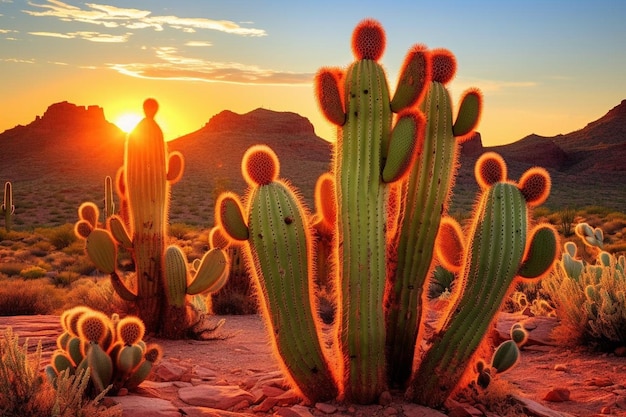 Cactus illuminati dal sole in un paesaggio desertico