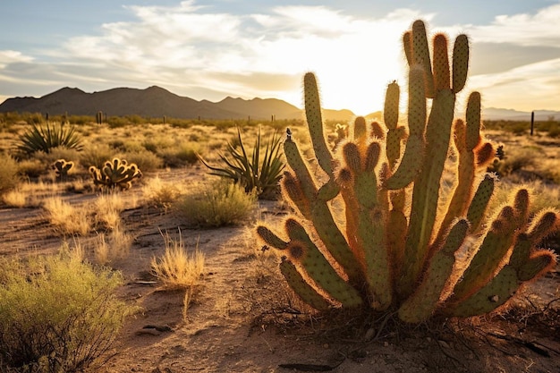 Cactus illuminati dal sole in un paesaggio desertico