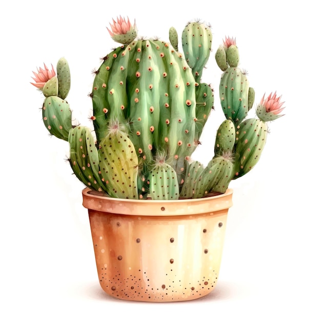 Cactus in fiore in una pentola. Illustrazione dell'acquerello su bianco. IA generativa