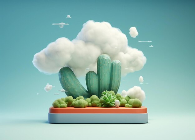 Cactus in miniatura giocattolo accogliente piccolo mondo su sfondo blu