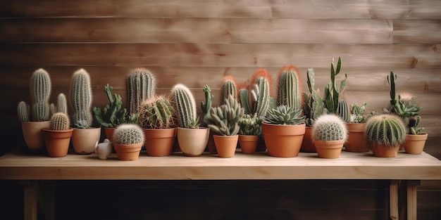 cactus in vaso su panca di legno nello stile di sfondo minimalista