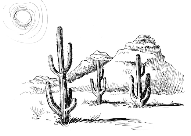 Cactus nel deserto. Disegno a inchiostro in bianco e nero