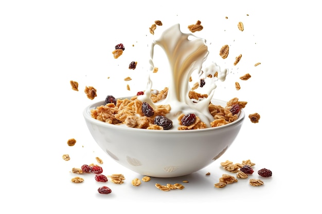 Cade una ciotola di muesli croccante di granola d'avena con spruzzi di latte isolati