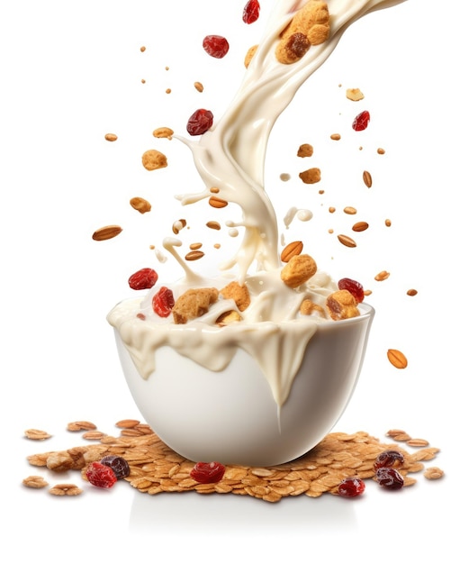 Cade una ciotola di muesli croccante di granola d'avena con spruzzi di latte isolati