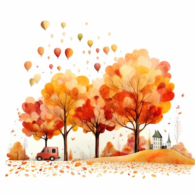 Cadere nella fantasia Una scena affascinante del fogliame autunnale in mezzo a una clipart stravagante su uno sfondo bianco