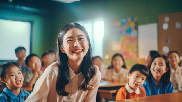 cadid scatto di un insegnante sorridente in una classe alla scuola elementare guardando la telecamera