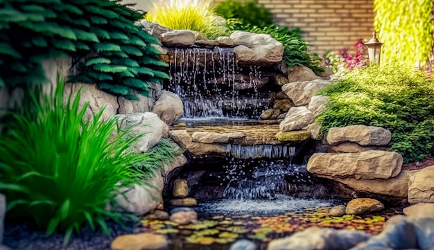 Caduta dell'acqua in giardino con rocce e ninfee nello stagno IA generativa