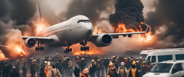 caduta dell'aereo passeggeri bruciatura nel cielo esplosione nella fuga della folla dell'aeroporto