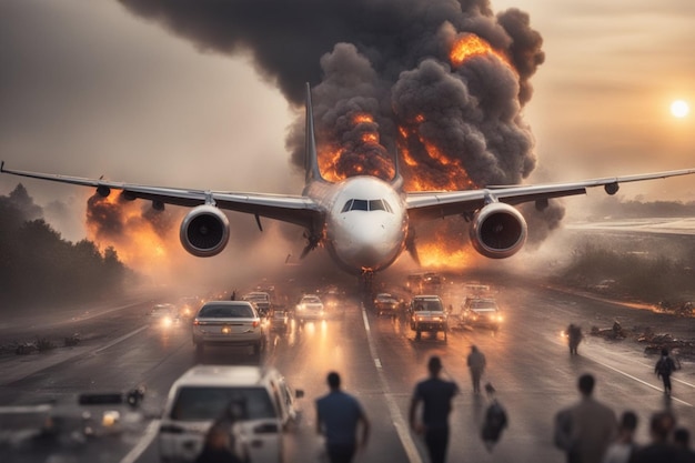 caduta dell'aereo passeggeri bruciatura nel cielo esplosione nella fuga della folla dell'aeroporto
