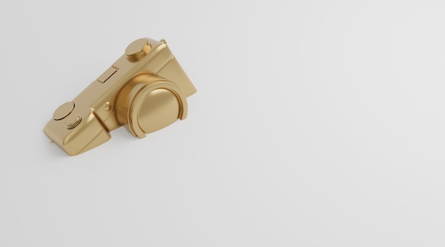 Caduta della fotocamera oro su sfondo bianco, concetto di tecnologia. Rendering 3D
