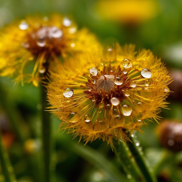 Cadute d'acqua di dente di leone e primo piano di un fiore in natura per la primavera e lo sfondo naturale