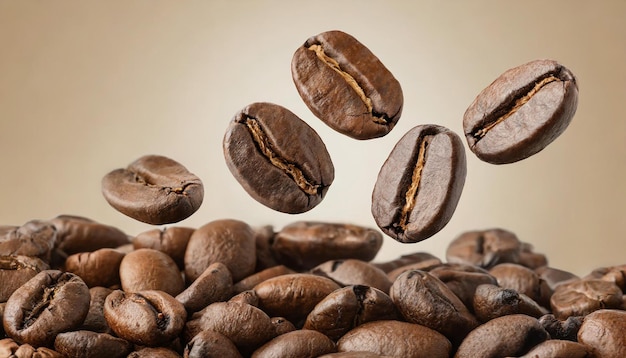 Cadute di chicchi di caffè arrostiti Semi aromatici di caffeina sospesi nell'aria Sfondio marrone