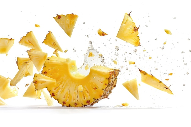 Cadute fette di ananas isolate su sfondo bianco percorso di ritaglio piena profondità di campo