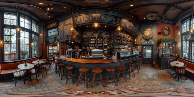 Cafe bar ristorante nessuno interno vuoto caffetteria interno diurno con bancone di legno design rosso