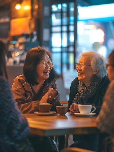 Cafè divertente e donne anziane che parlano ridendo e facendo amici riunione re IA generativa