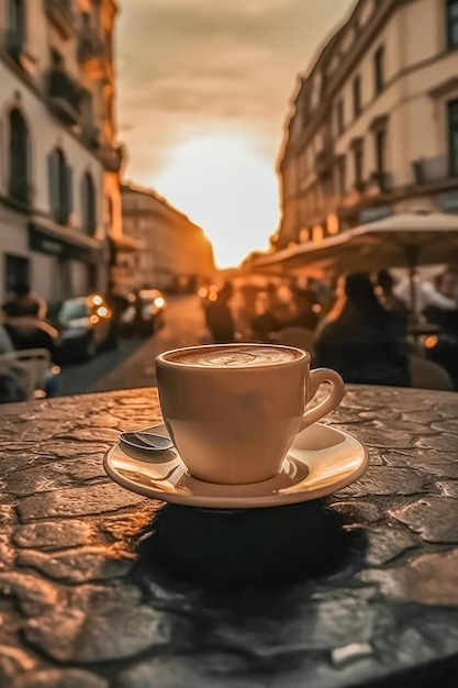 Cafe su un tavolo di legno sullo sfondo il Colosseo di Roma al tramonto