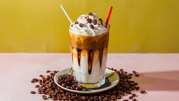 Caffa ghiacciata in un bicchiere alto con crema coperta di caffè ghiacciato decorato con chicchi di caffè