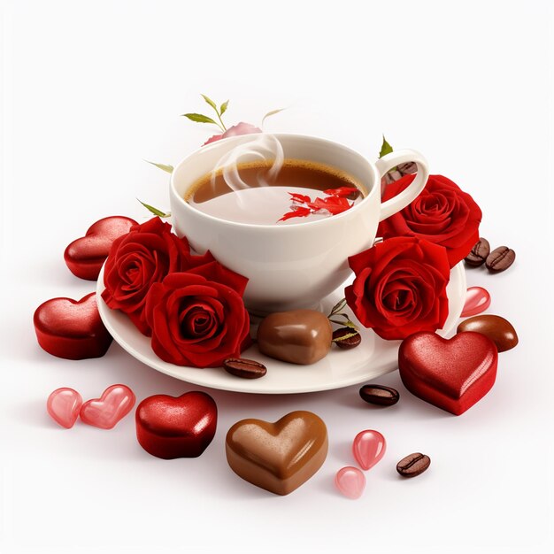 Caffe' a forma di cuore, tè, caramelle a rosa rossa, PNG