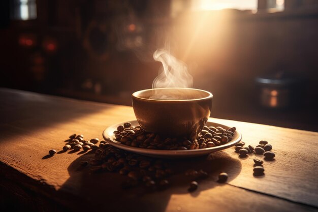Caffè al vapore in un giardino rustico sullo sfondo generativo IA