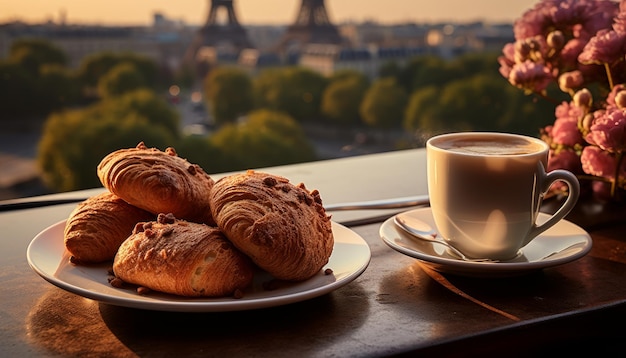 Caffè americano a Parigi con croissant