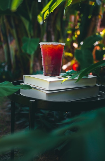 Caffè americano ghiacciato o caffè nero in vetro di plastica su un tavolo di legno in giardino