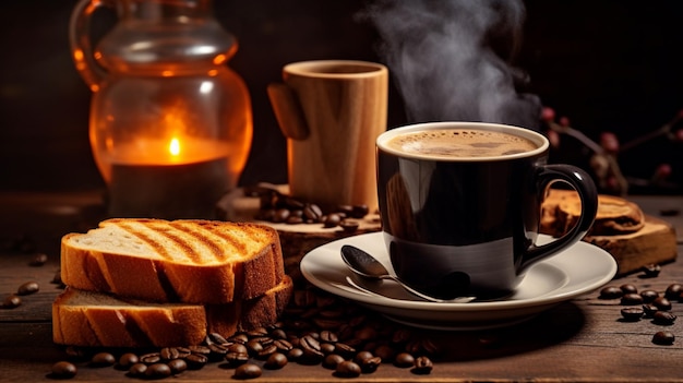 caffè appena preparato e colazione al pane tostato