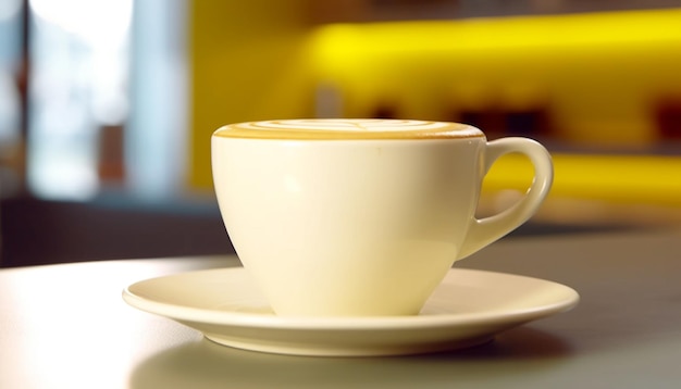 Caffè appena preparato in una tazza di cappuccino schiumoso sul tavolo di legno generato dall'intelligenza artificiale