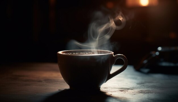 Caffè appena preparato in una tazza di legno rustica generata da AI