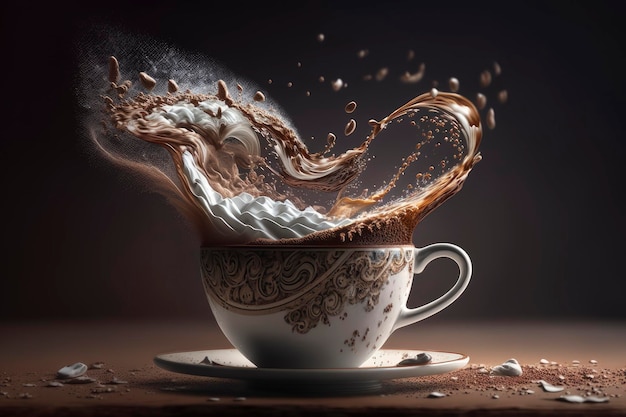 Caffè aromatico che schizza in una tazza di Cappuccino ai generativa