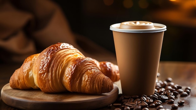 Caffe' aromatico in una tazza di carta abbinato a un croissant a scaglie con spazio di copia AI generativa