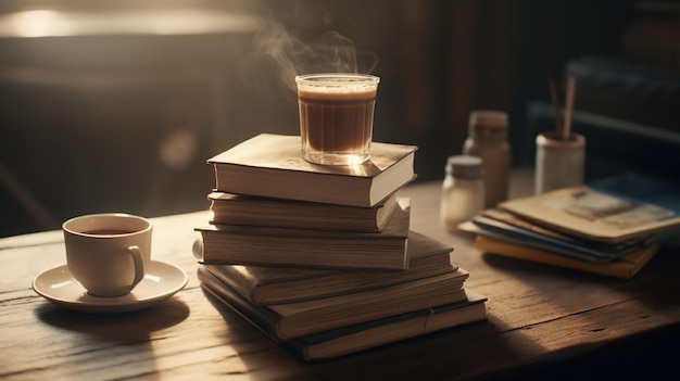 Caffè aromatico su libri illustrazione di arte digitale IA generativa