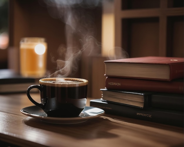 Caffè caldo con libri sul tavolo