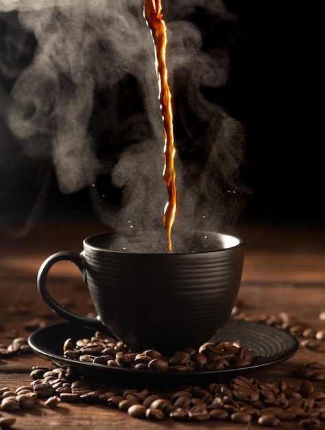 Caffè caldo e tazza nera che versa il caffè in una tazza nera sul fuoco selettivo della foto di stile alimentare scuro di legno rustico