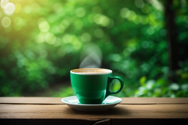 Caffè caldo in tazza su un vecchio tavolo di legno con sfocamento sullo sfondo verde scuro della natura messa a fuoco morbida