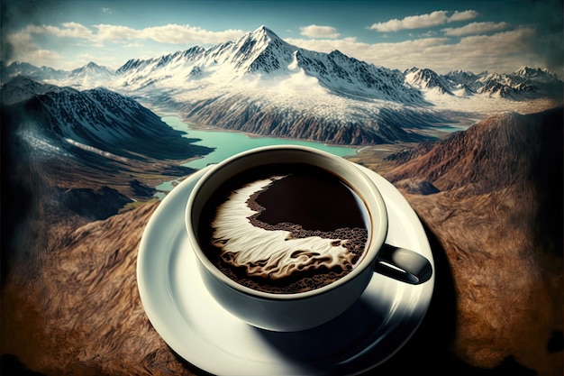 Caffè caldo sul tavolo con vista dall'alto sullo sfondo della montagna Realizzato da AIIntelligenza artificiale