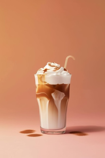 caffè con panna montata e sciroppo di caramello in vetro isolato su uno sfondo pastello di pesche fuzz