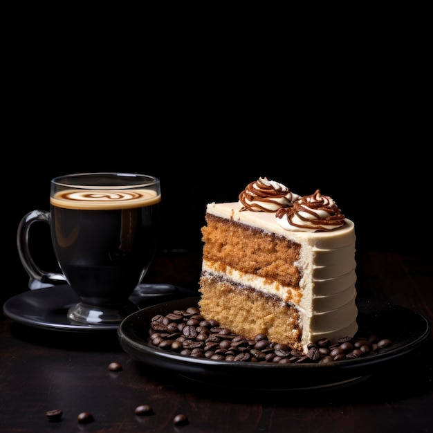 caffè con torta sullo sfondo nero