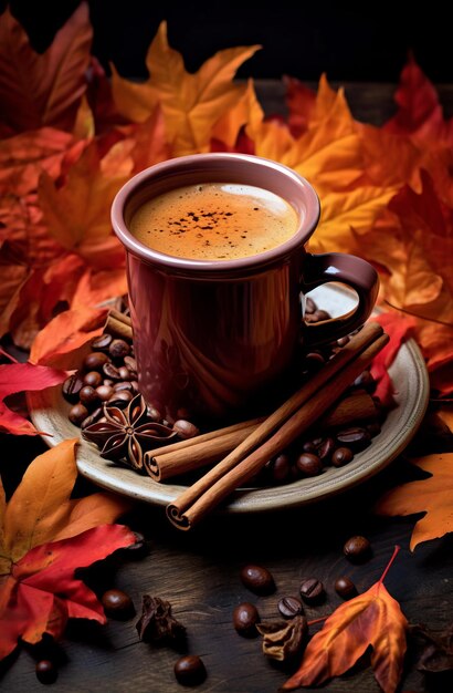 Caffè d'autunno con foglie d'autunno su sfondo di legno