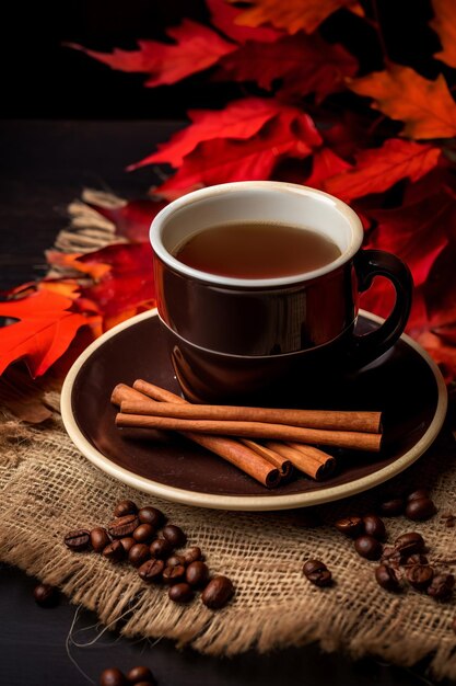 Caffè d'autunno con foglie d'autunno su sfondo di legno