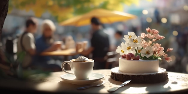 caffè di strada estivo, decorazione di fiori in fila, tazza di caffè e torta, silhouette di persone