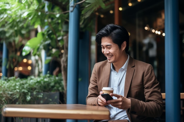 Caffe' e connettività La felicità dei millennial moderni in una caffetteria all'aperto