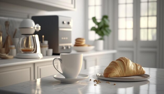 Caffè e croissant sul tavolo in cucina IA generativa