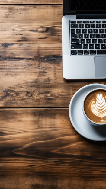 Caffe' e laptop su un tavolo di legno.